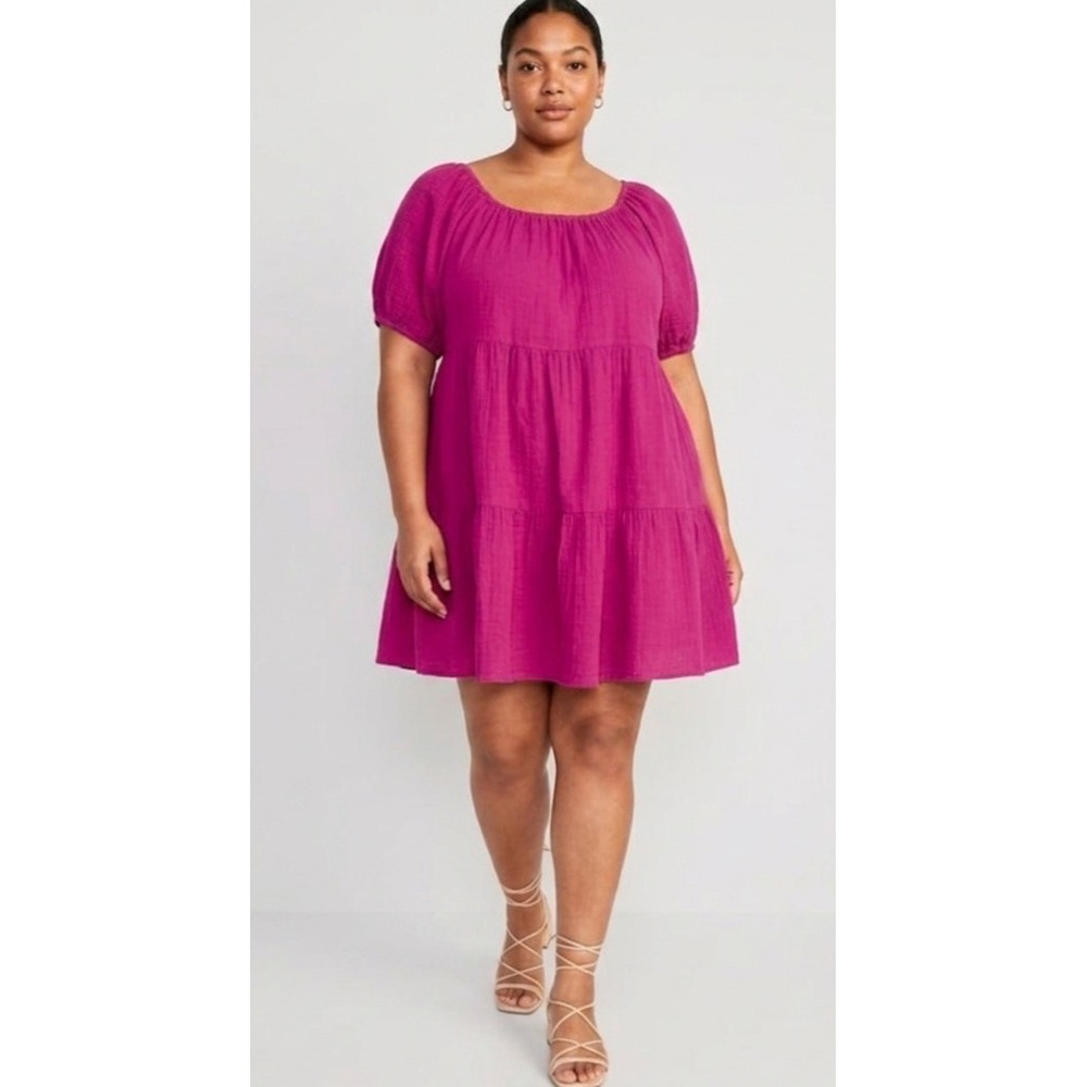 Old Navy Tiered Gauze Puff Sleeve Dress XXL Tall Vacation Coastal Beach Cottage
